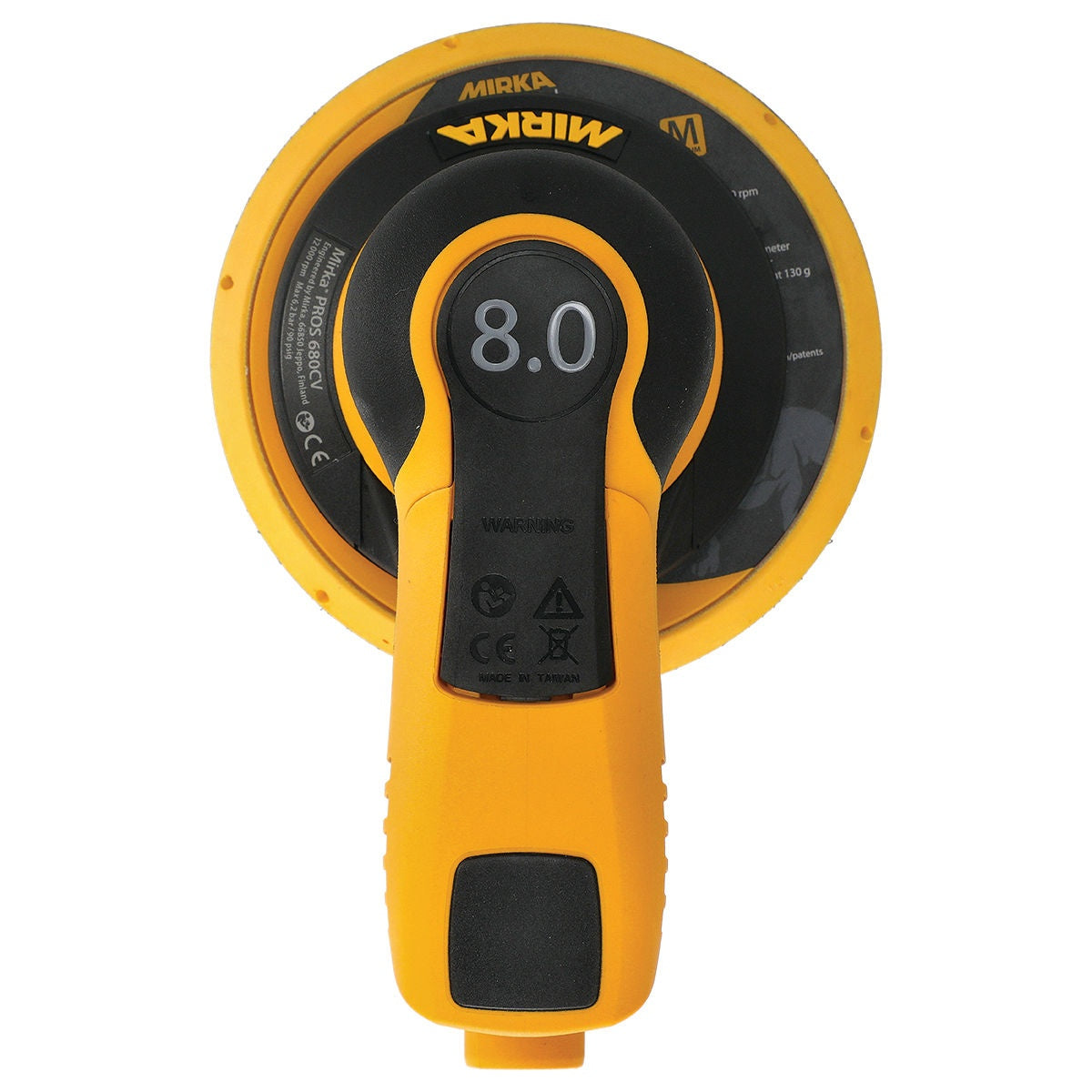 Top view of Mirka PROS 680CV 6-in. pneumatic random orbital sander showing 8.0 orbit marking