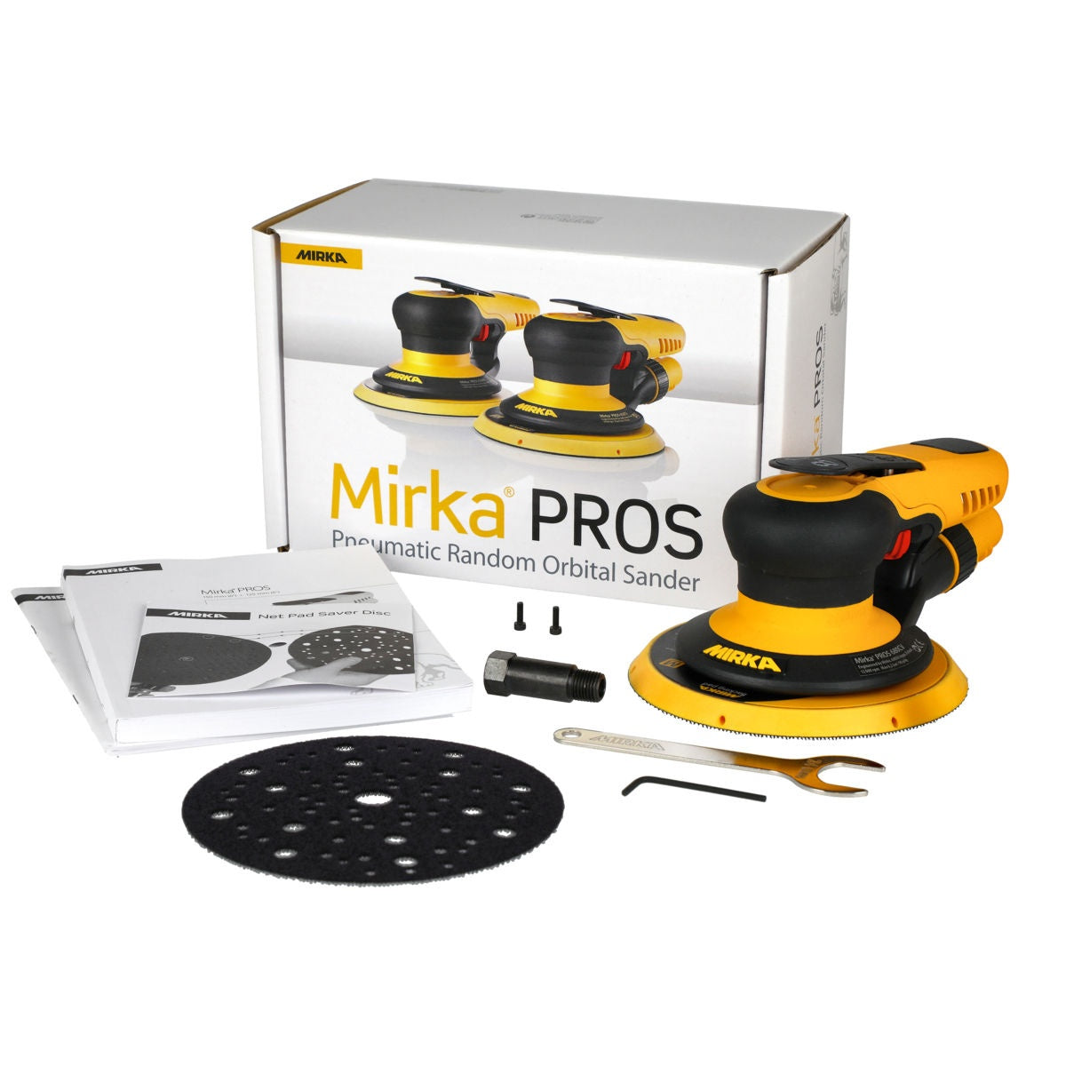 Mirka PROS pneumatic random orbital sander kit with box, pad, wrench, and accessories