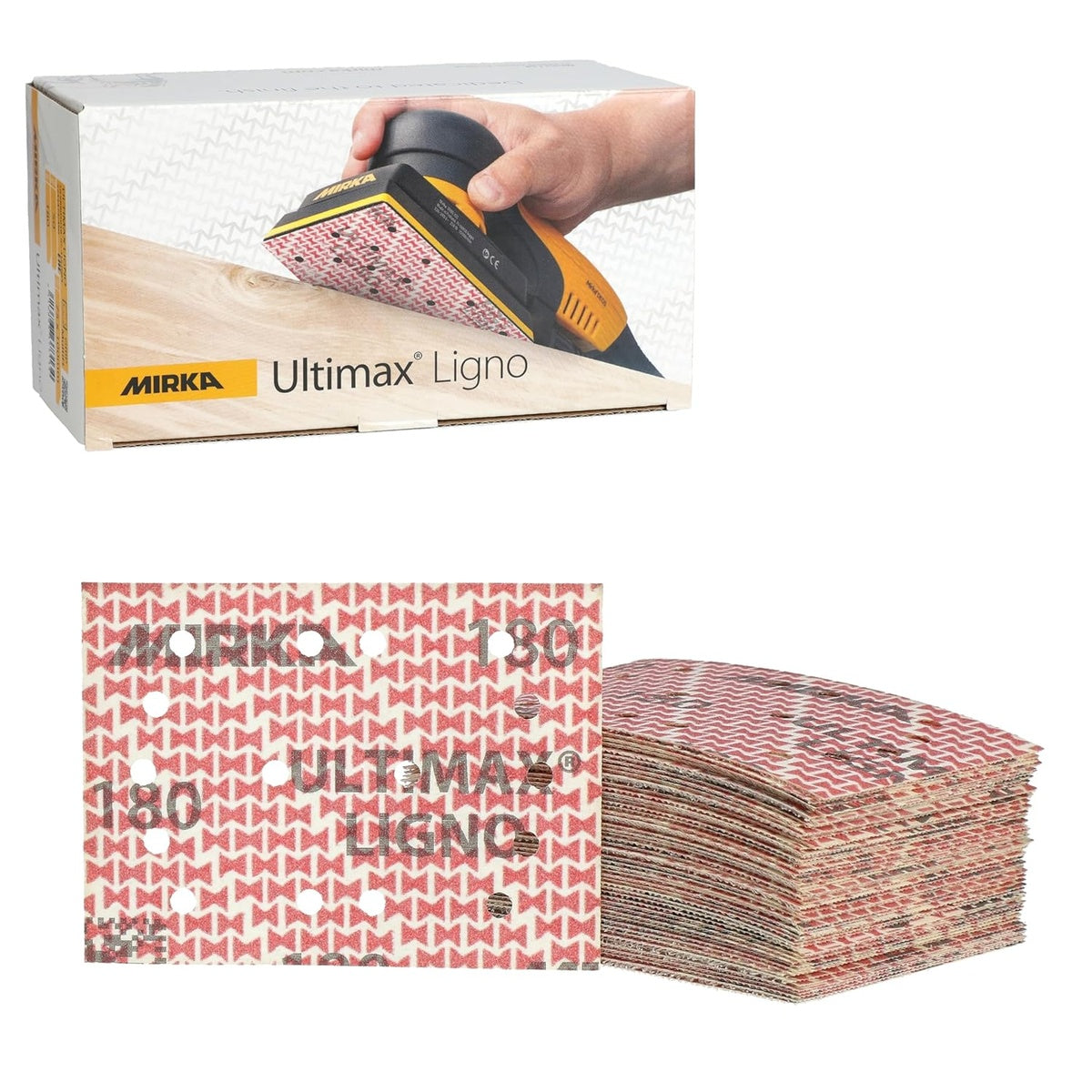 Mirka Ultimax Ligno 3 x 4-in. P180 sanding sheets with retail box and 50-sheet stack