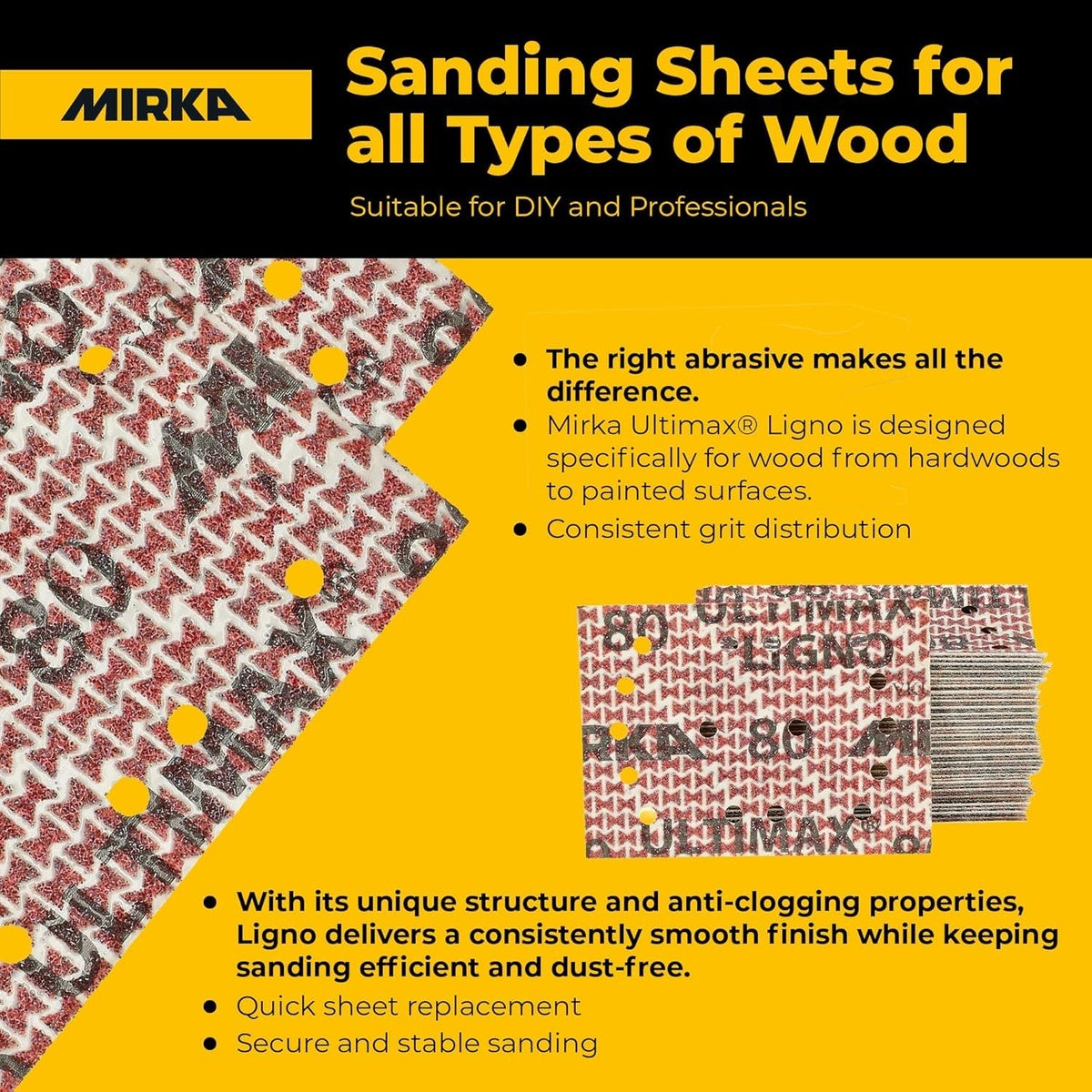 Mirka Ultimax Ligno sanding sheet close-up showing anti-clog abrasive pattern for wood sanding