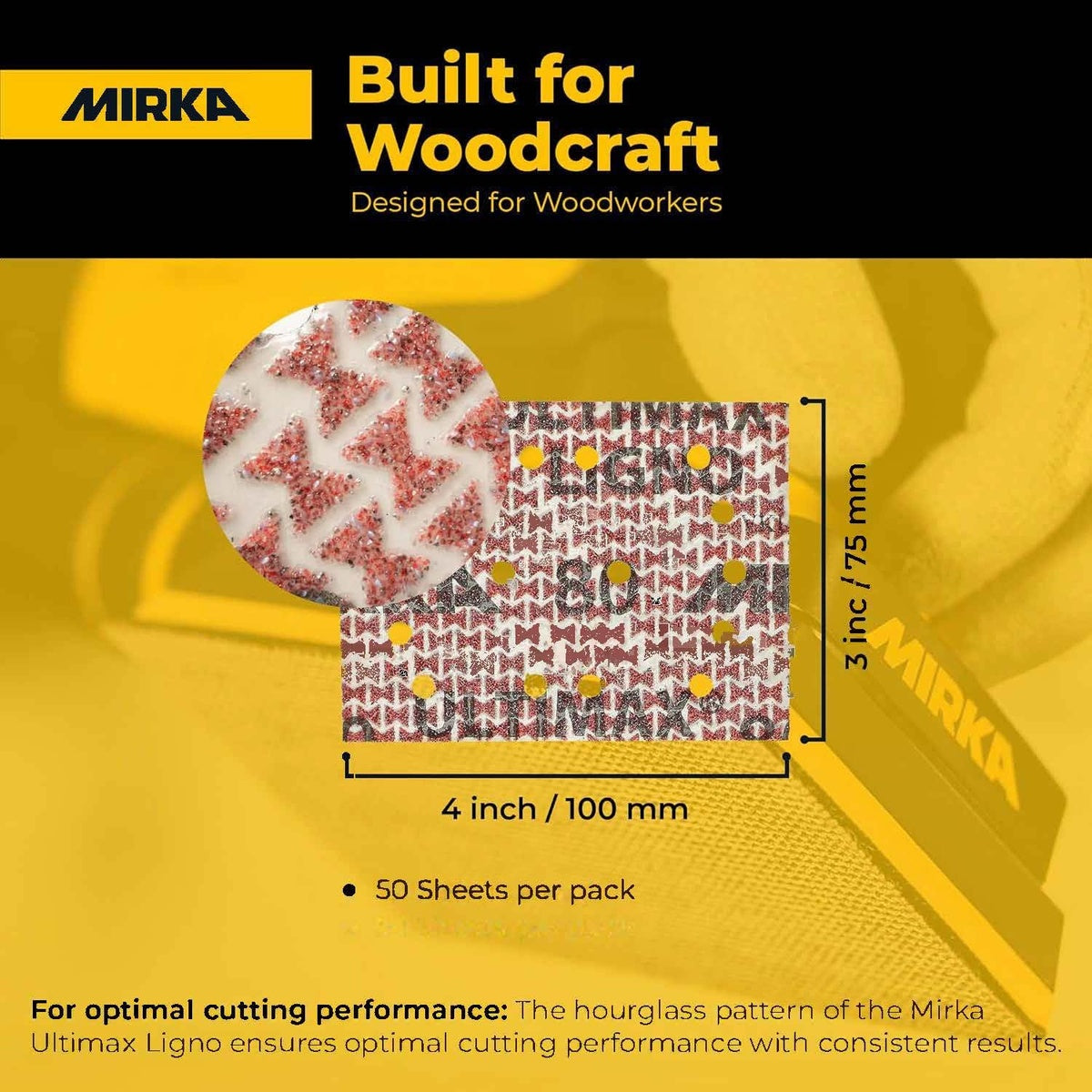 Mirka Ultimax Ligno 3 x 4-in. sanding sheet dimensions graphic with 50 sheets per pack