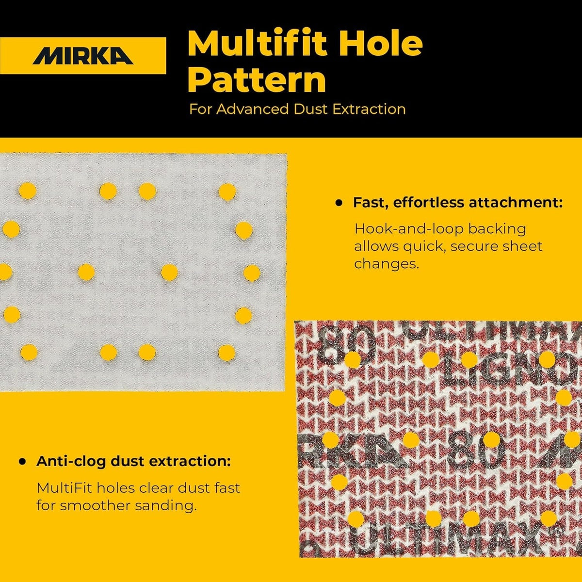 Mirka Ultimax Ligno sanding sheet backing showing Multifit hole pattern and hook-and-loop attachment