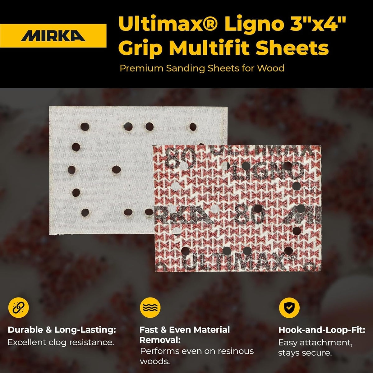 Mirka Ultimax Ligno 3 x 4-in. Grip Multifit sanding sheets front and back views