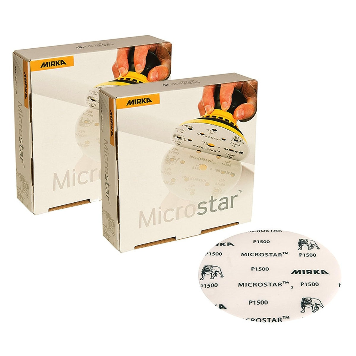 Mirka Microstar 5-in. P1500 film-backed grip sanding discs pack with product boxes and sample disc