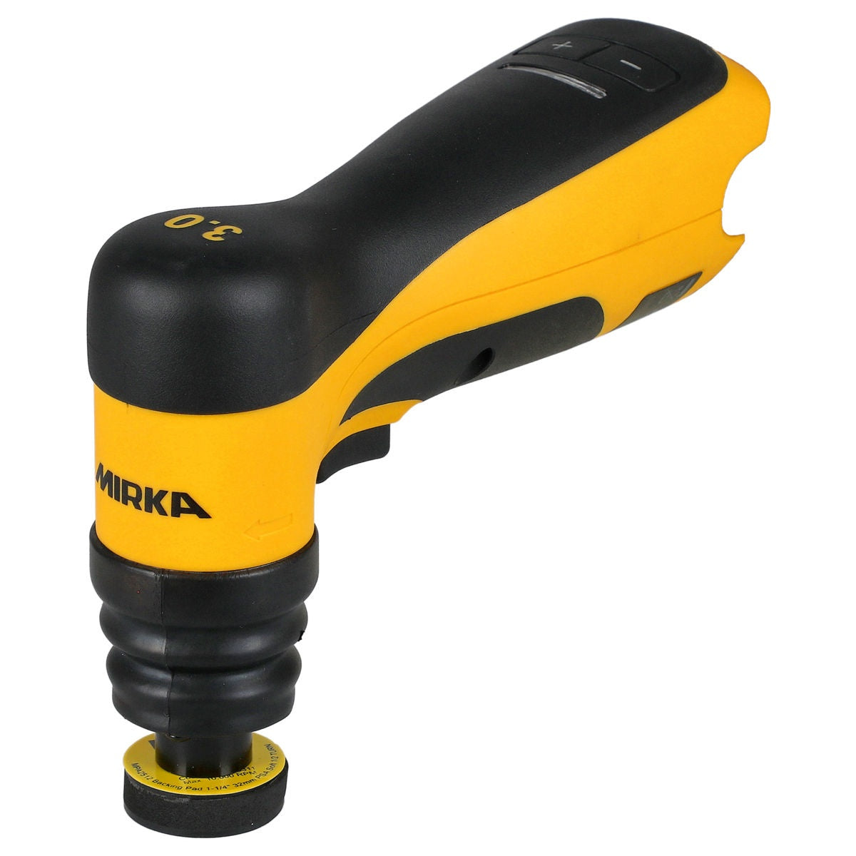 Rear angled view of Mirka AOS130-B cordless angled orbital sander