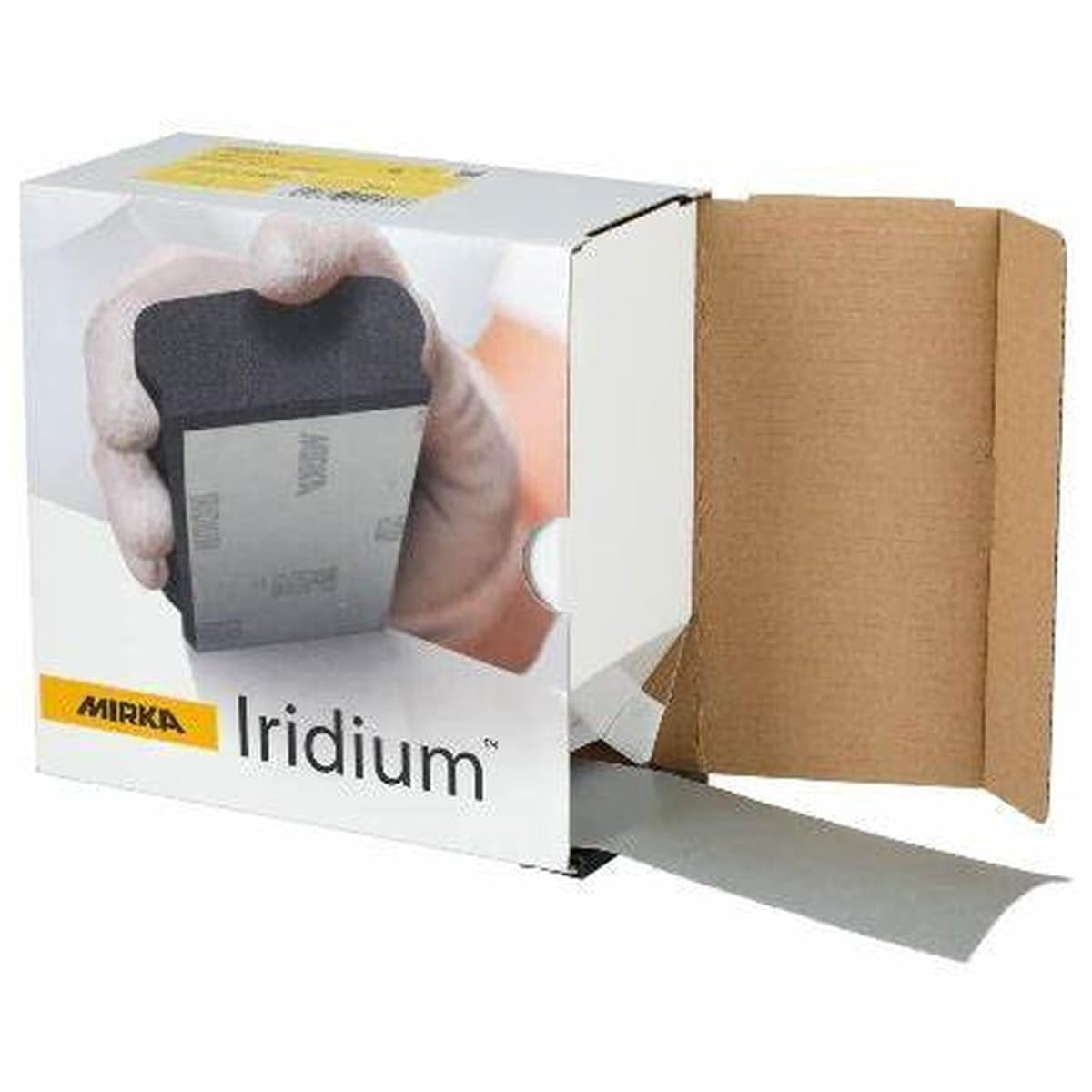 Mirka Iridium 180 grit abrasive roll box with sanding sheet partially dispensed