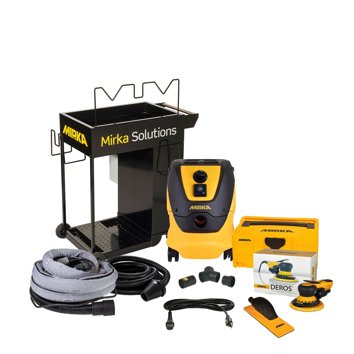 Mirka 6-inch electric dust-free cart system with DEROS sander, HEPA dust extractor, hose, cord, and storage case