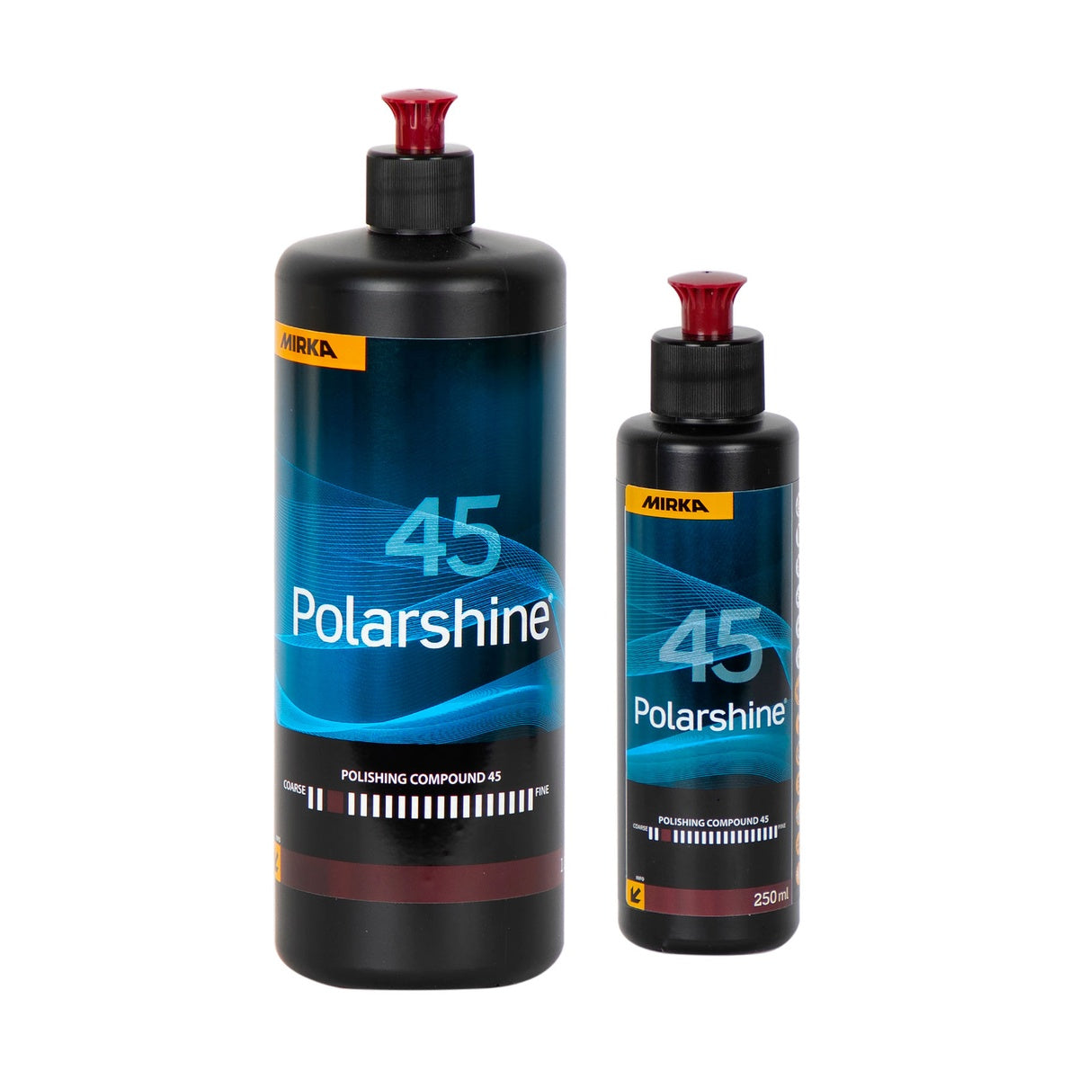 Mirka Polarshine 45 polishing compound bottles in 1 L and 250 ml sizes