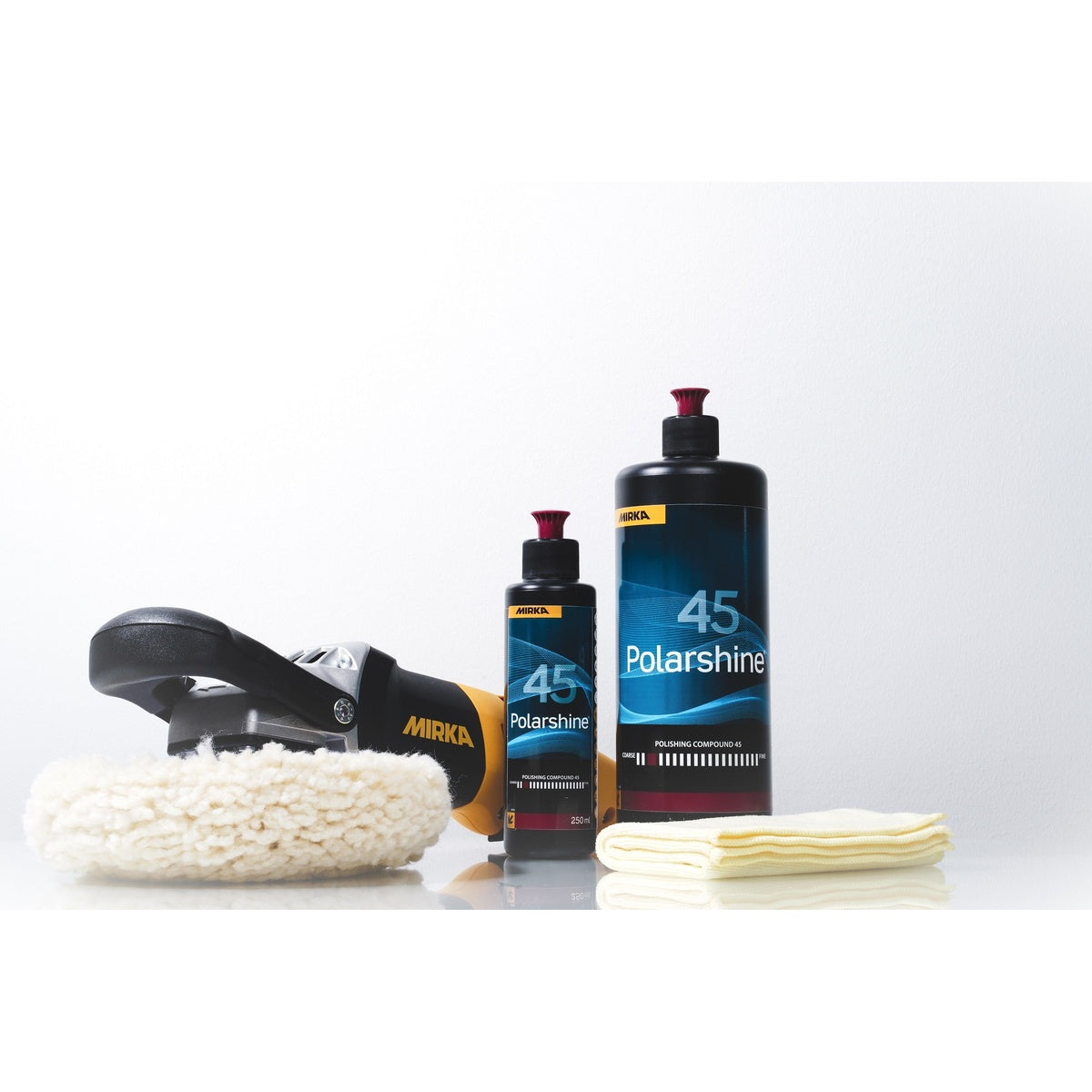 Mirka Polarshine 45 polishing compound with polisher, wool pad, and microfiber cloth