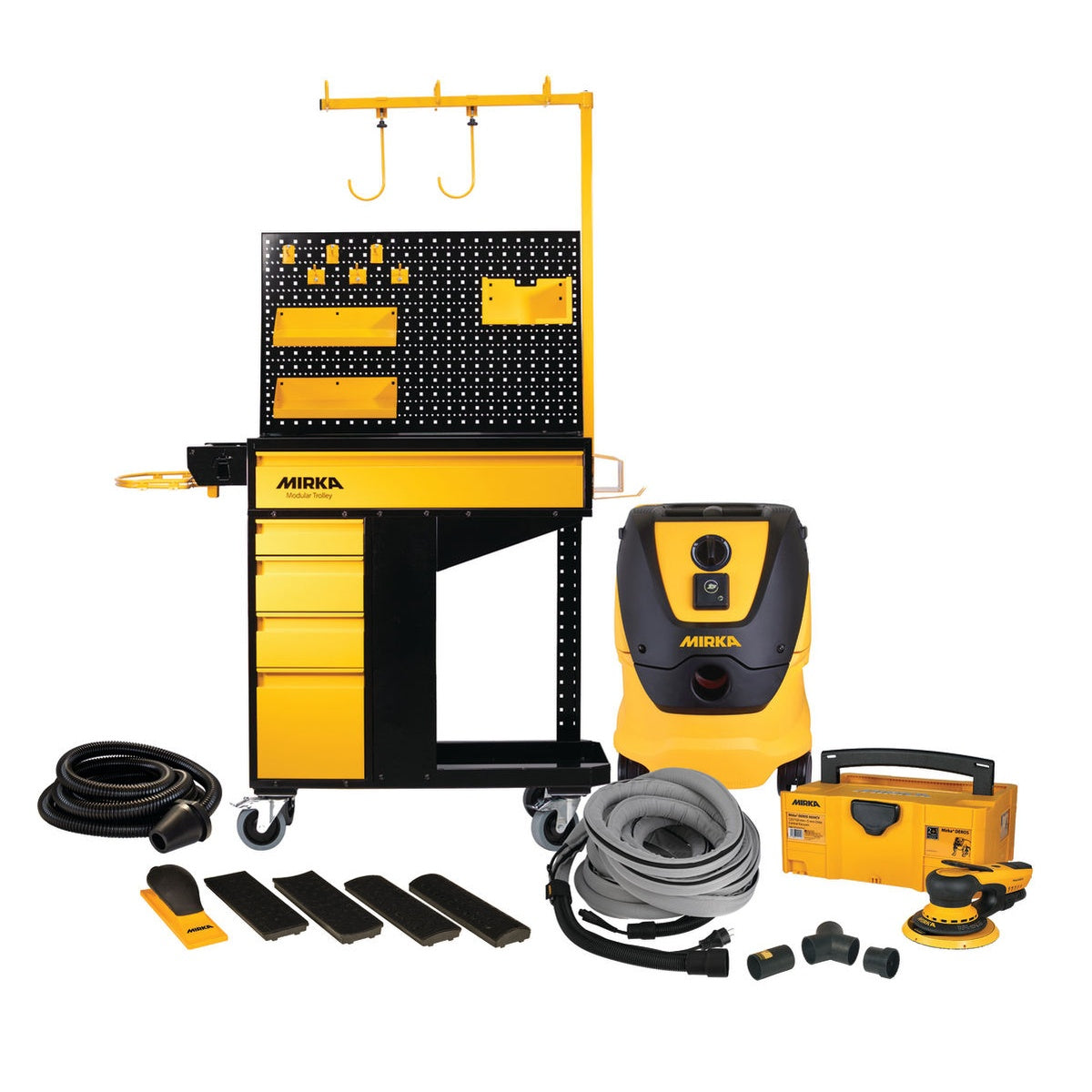 Mirka 6-in. Dust-Free Trolley Pro System with modular trolley, dust extractor, sander, hose, and hand block kit