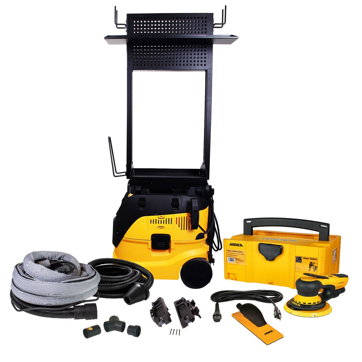 Mirka 6-inch dust-free work station system with vacuum, stand, hose, and DEROS electric sander