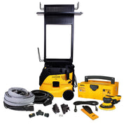Mirka 6-inch dust-free work station system with vacuum, stand, hose, and DEROS electric sander