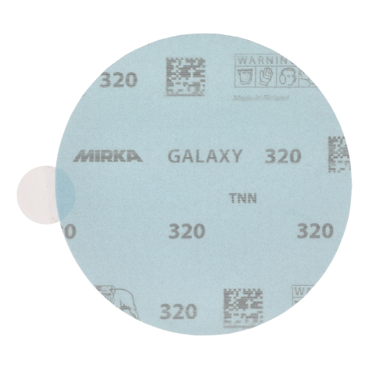 Mirka Galaxy round PSA sanding disc with quick peel tab, 320 grit visible on disc face