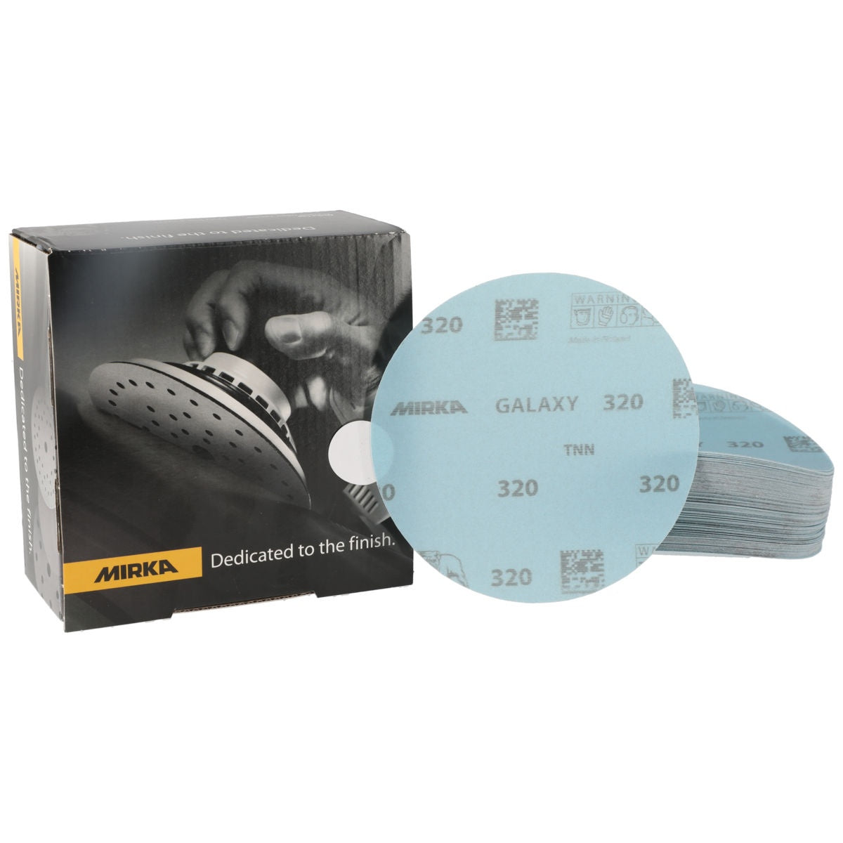 Mirka Galaxy PSA sanding discs with packaging box and quick peel tab, 320 grit visible