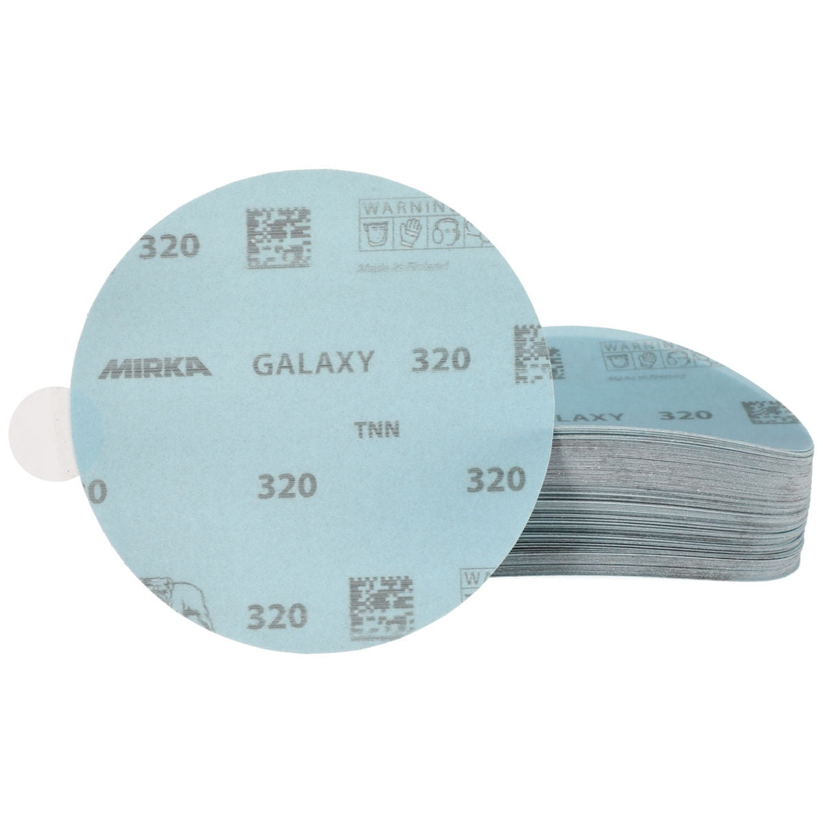 Stack of Mirka Galaxy PSA sanding discs with quick peel tab, 320 grit visible