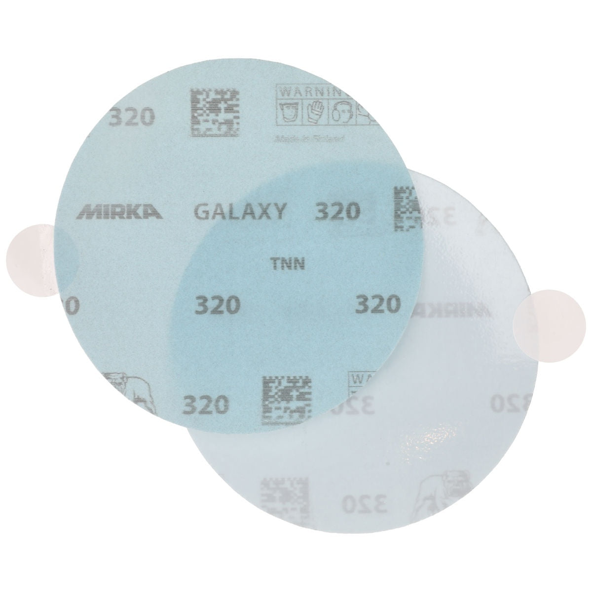 Front and back view of Mirka Galaxy PSA sanding disc with quick peel tab, 320 grit visible