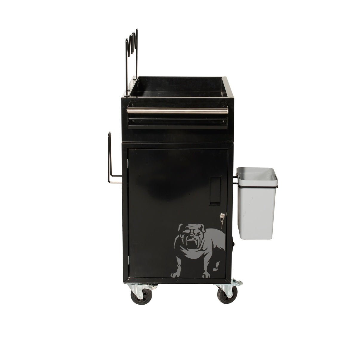 Side view of Mirka Smart Cart Solution Trolley with locking cabinet, casters, and side bin