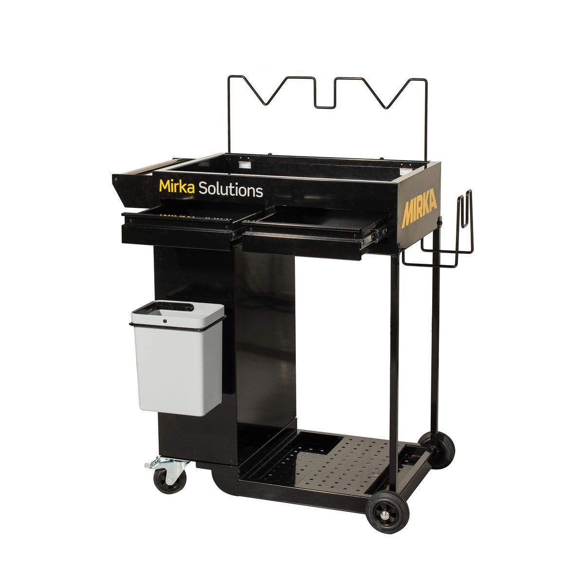 Mirka Solutions trolley with slide-out drawers, hose holders, and mobile base