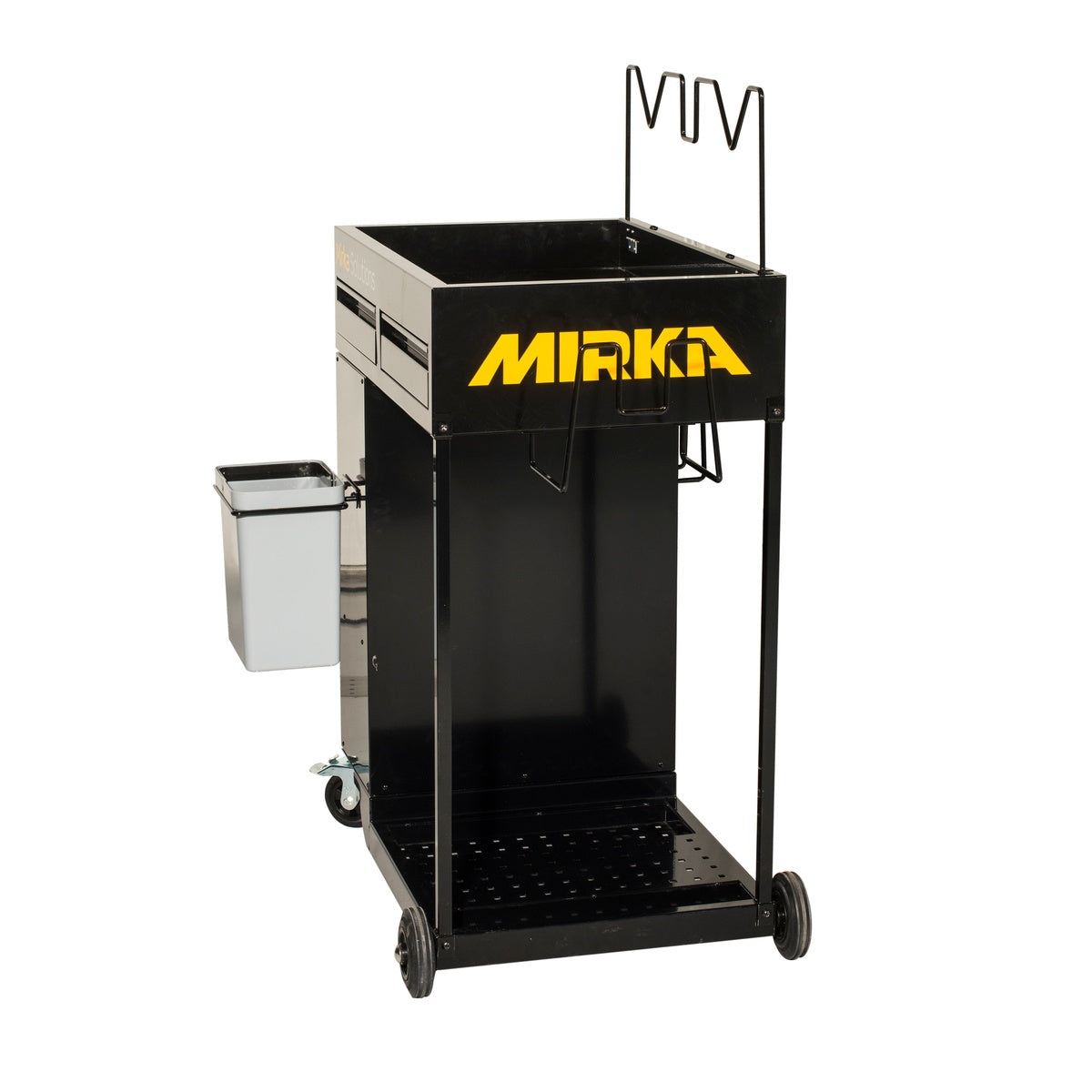 Rear angle view of Mirka Smart Cart Solution Trolley showing storage area and wheels