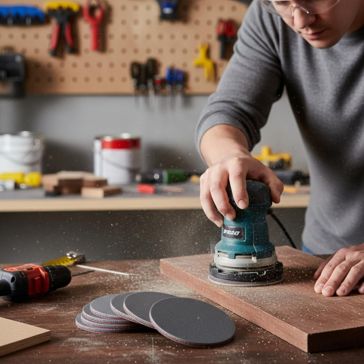 Mirka Abralon sanding pads shown with an orbital sander on a wood surface