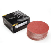 Mirka Coarse Cut 6-inch P120 PSA sanding discs pack with box and stacked maroon discs
