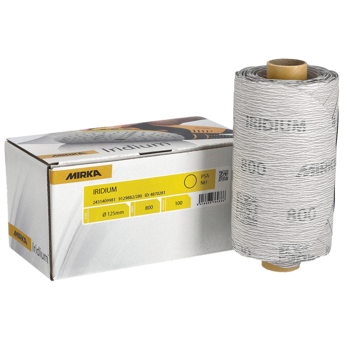 Mirka Iridium 5-inch PSA sanding disc roll beside product box