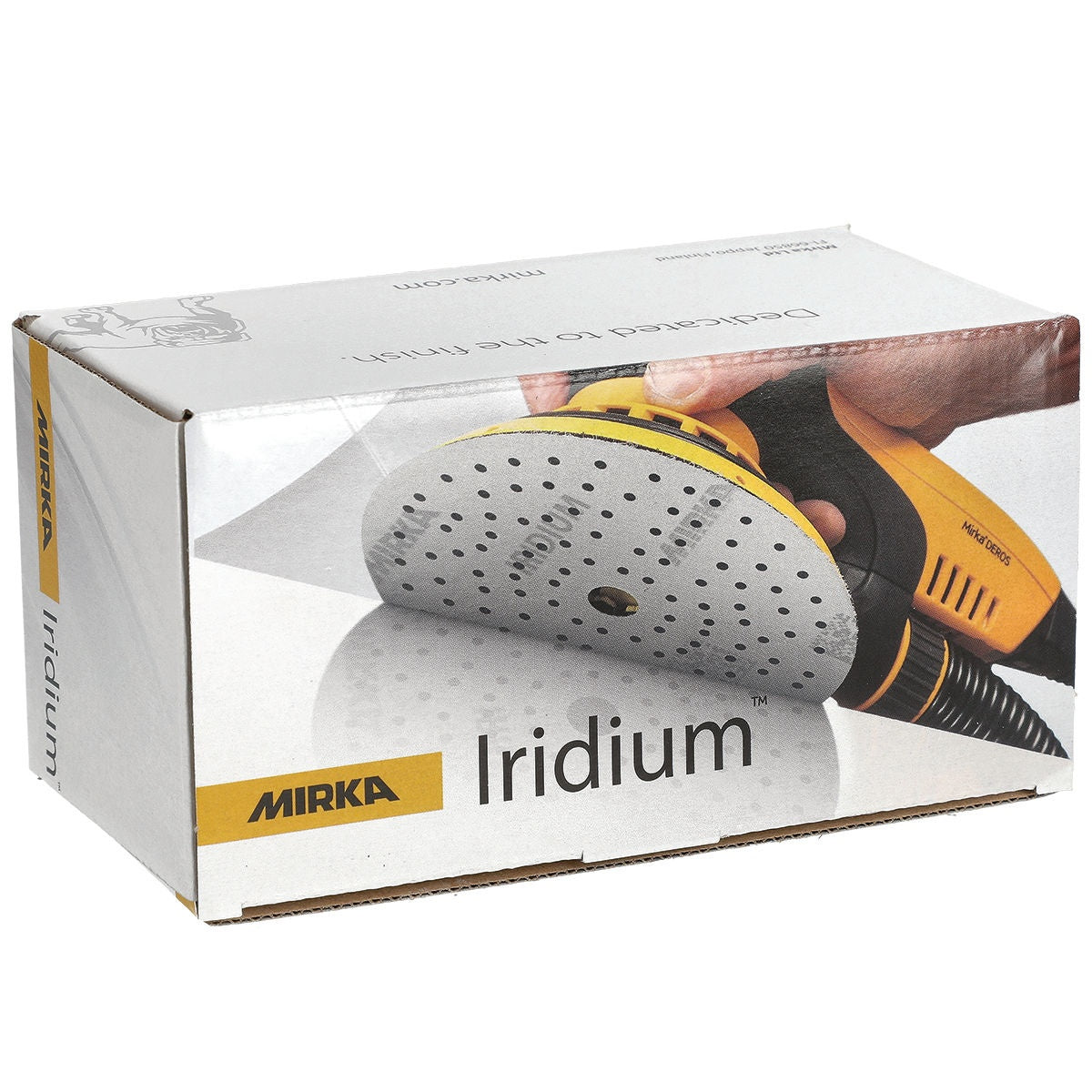 Mirka Iridium packaging showing sanding disc application on a sander