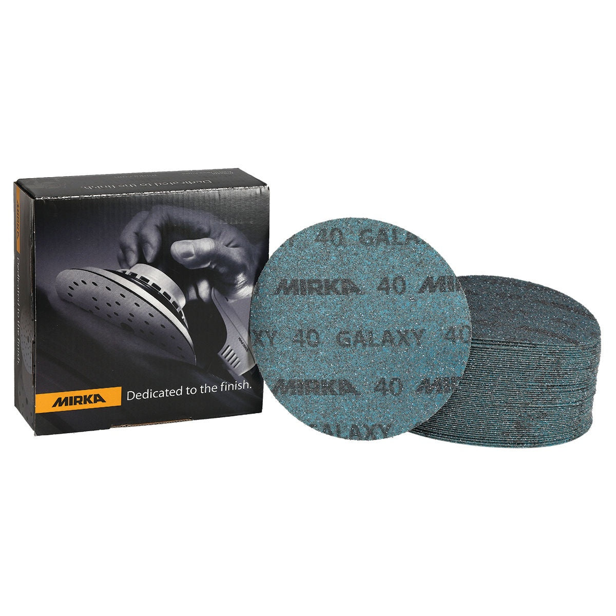 Mirka Galaxy 6-in. 40 grit sanding discs with Mirka product box