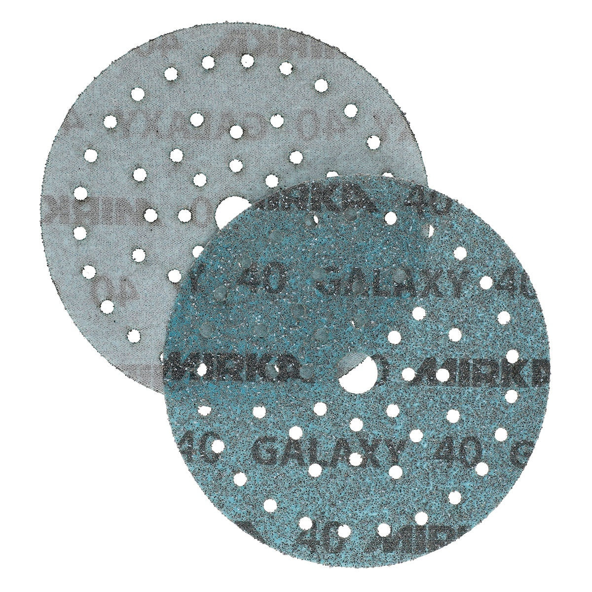 Mirka Galaxy 6-in. 40 grit sanding discs front and back views