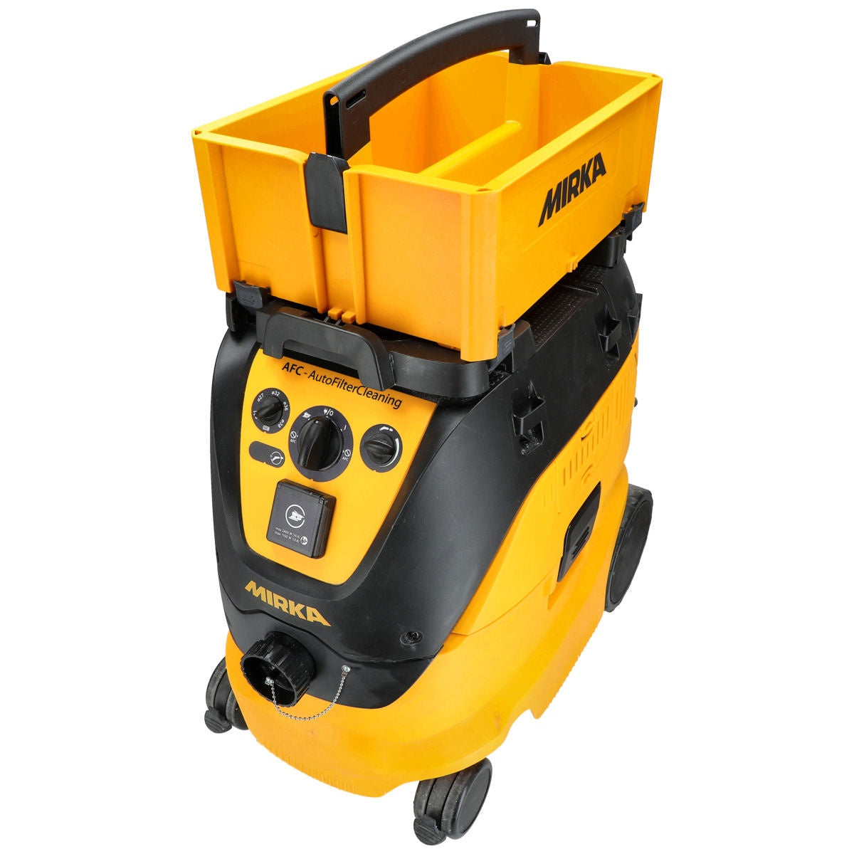 Mirka open-top tool carrier stacked on Mirka dust extractor