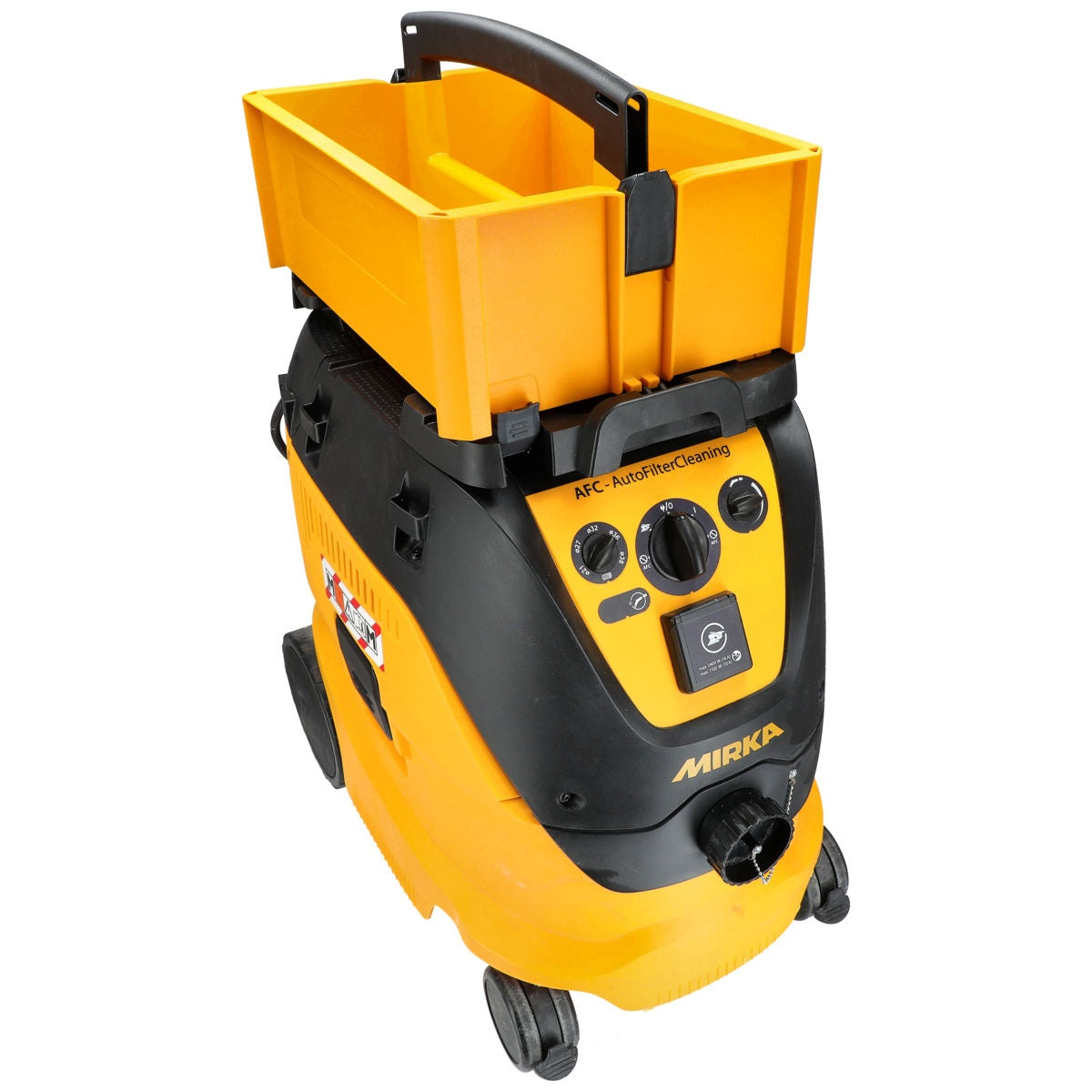 Rear angle view of Mirka open-top tool carrier on dust extractor