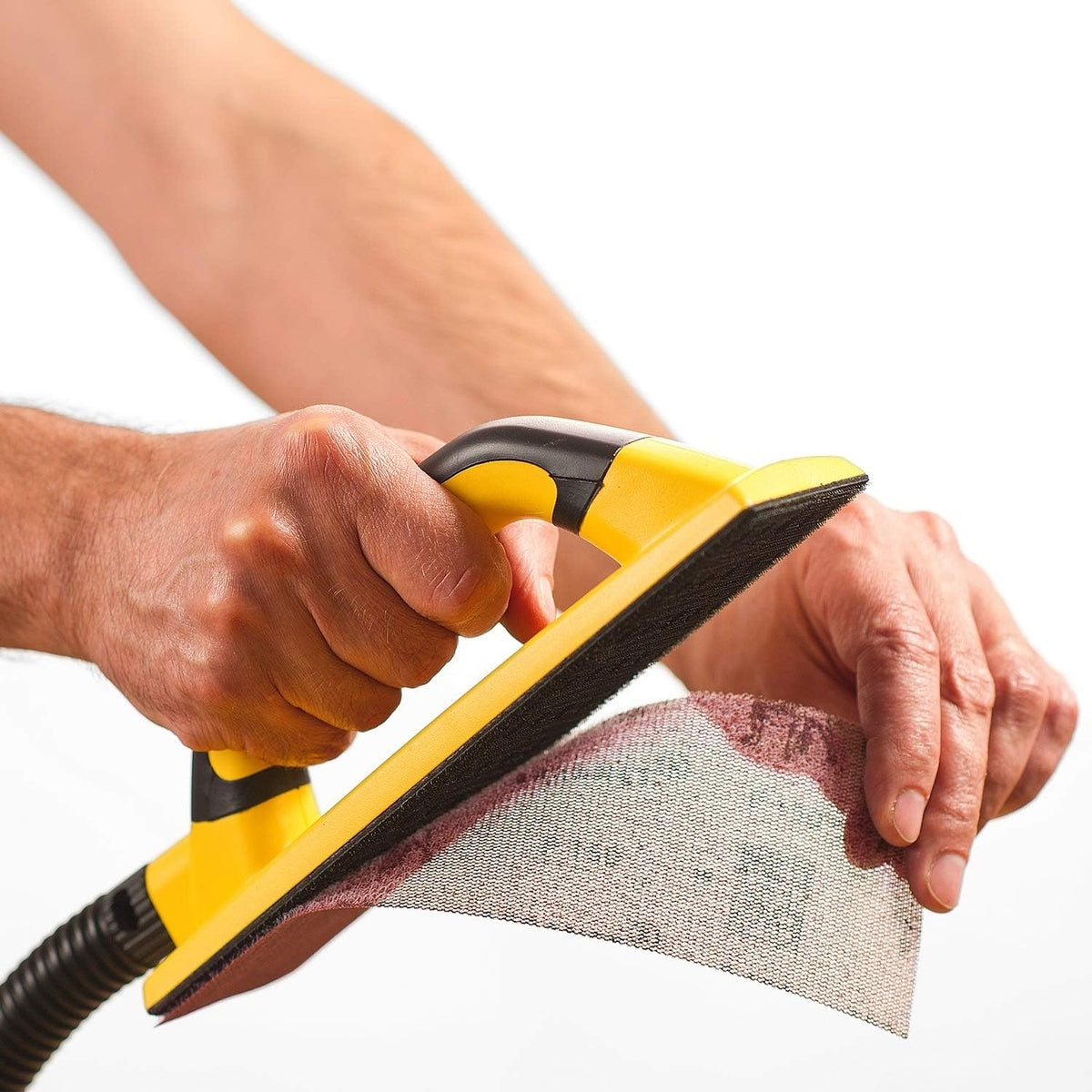 Mirka Abranet sanding strip attached to a hand sanding block