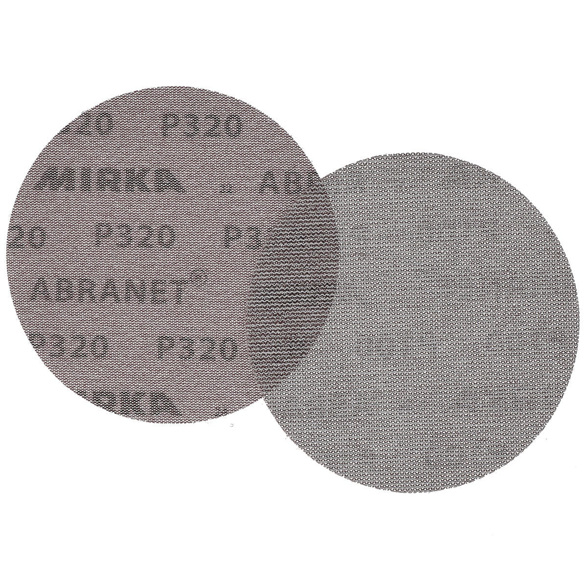 Two Mirka Abranet net sanding discs showing front and back