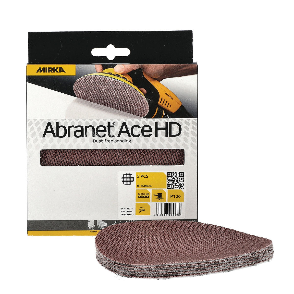 Mirka Abranet Ace HD Abranet package with sanding sheets and 150 mm P120 label