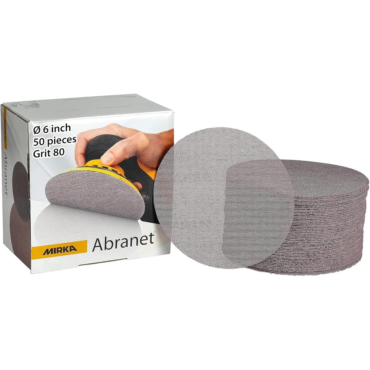 Mirka Abranet 6-inch mesh sanding discs with product box and stacked discs