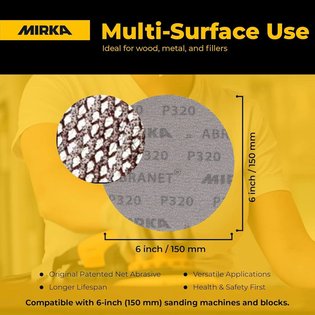 Mirka Abranet 6-inch mesh sanding disc infographic showing 150 mm size and multi-surface use
