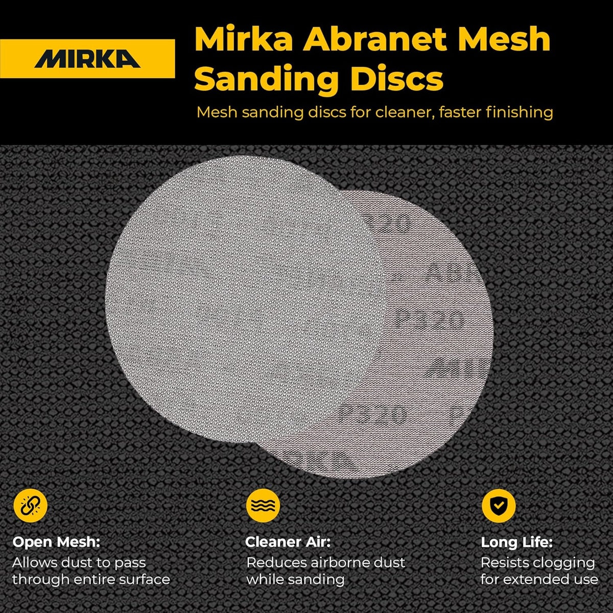 Mirka Abranet mesh sanding discs infographic highlighting dust extraction and long life