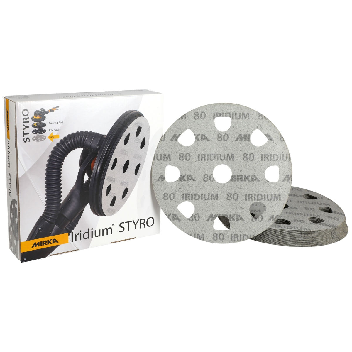Mirka Iridium Styro sanding discs with product box
