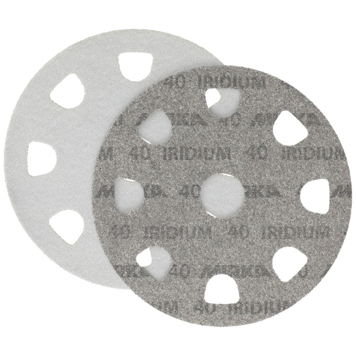Front and back view of Mirka Iridium 9-in. 40 grit sanding disc