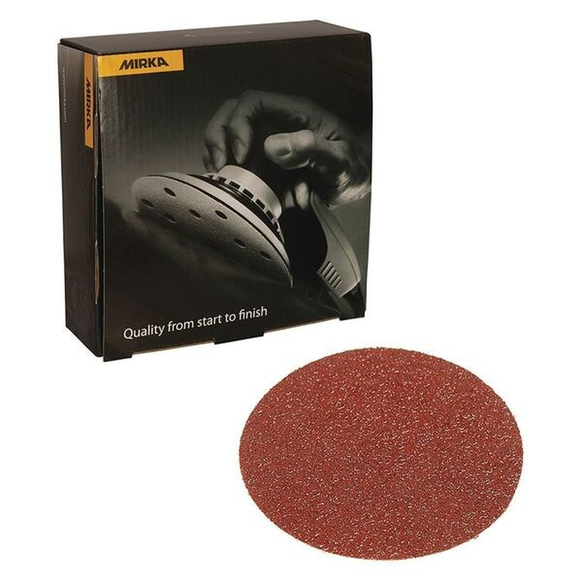 Mirka Coarse Cut 6-in. P60 grip sanding disc with product box, no-hole aluminum oxide disc
