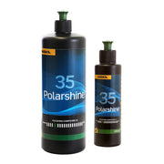 Mirka Polarshine 35 polishing compound bottles showing 1 L and 250 mL sizes