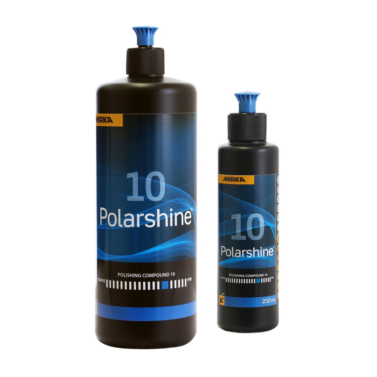 Mirka Polarshine 10 polishing compound bottles in 1 L and 250 mL sizes