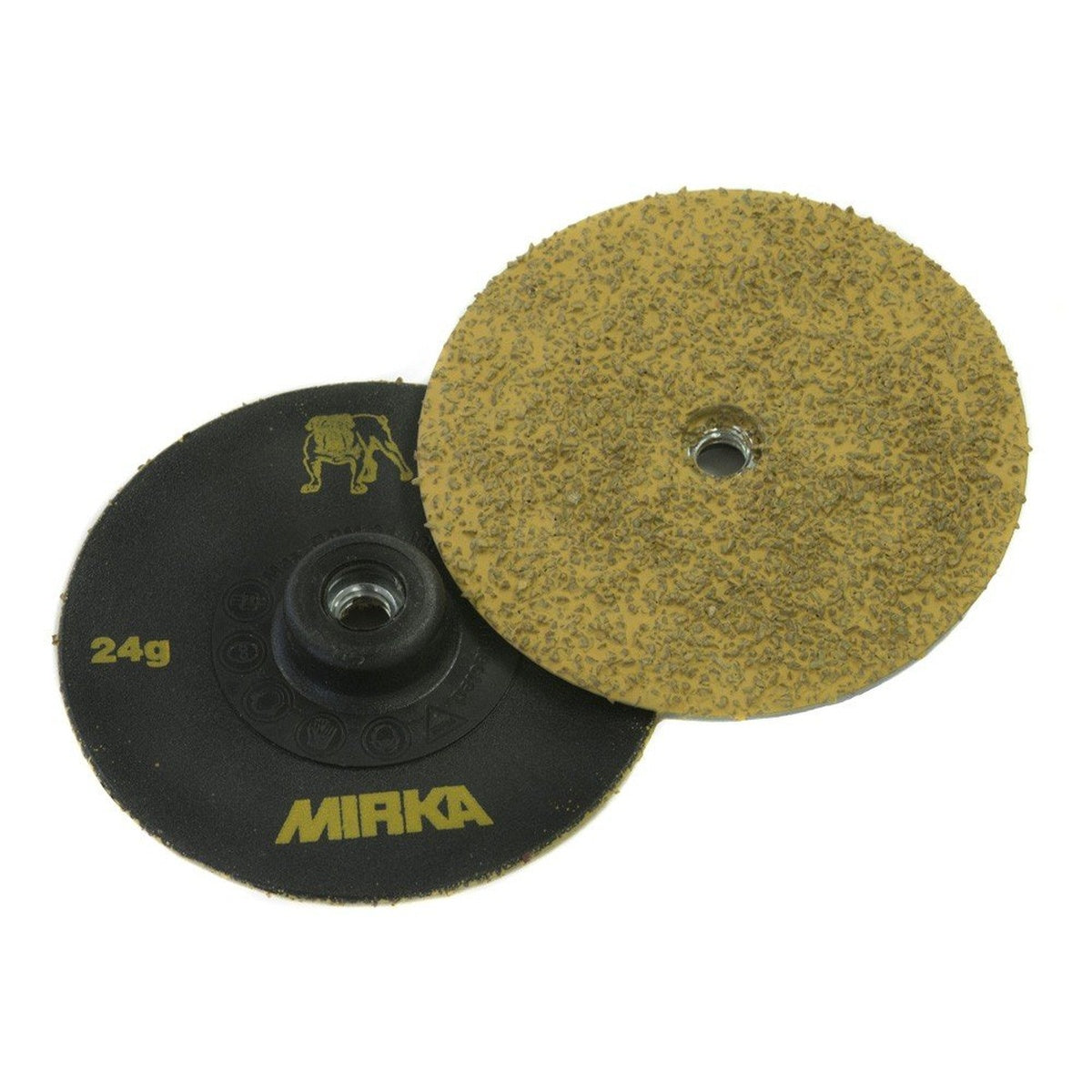 Mirka 5-inch Trim-Kut P36 grinding disc shown front and back with threaded center hub