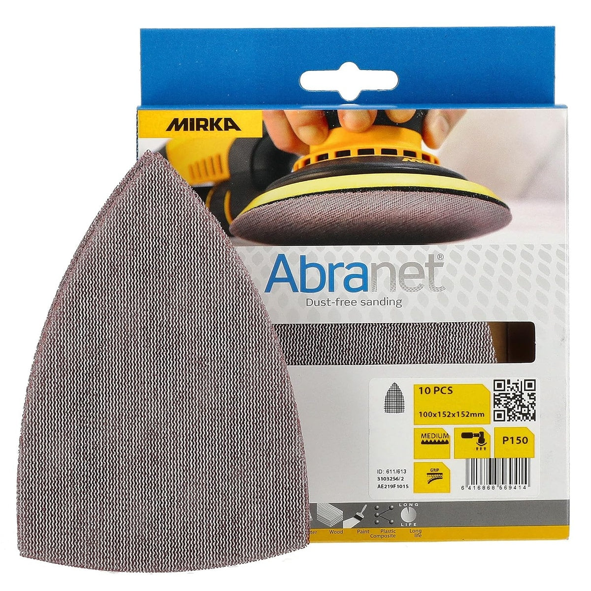Mirka Abranet Delta P150 triangular mesh sanding sheets 10-pack in retail packaging
