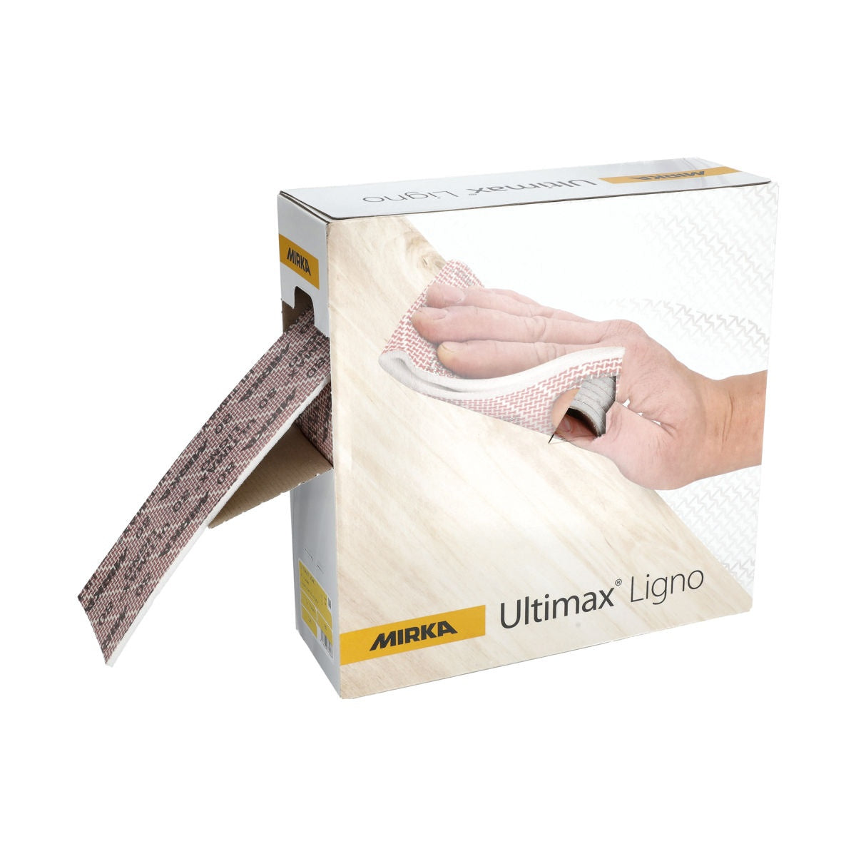 Mirka Ultimax Ligno Soft abrasive perf-roll dispenser box with sanding sheet
