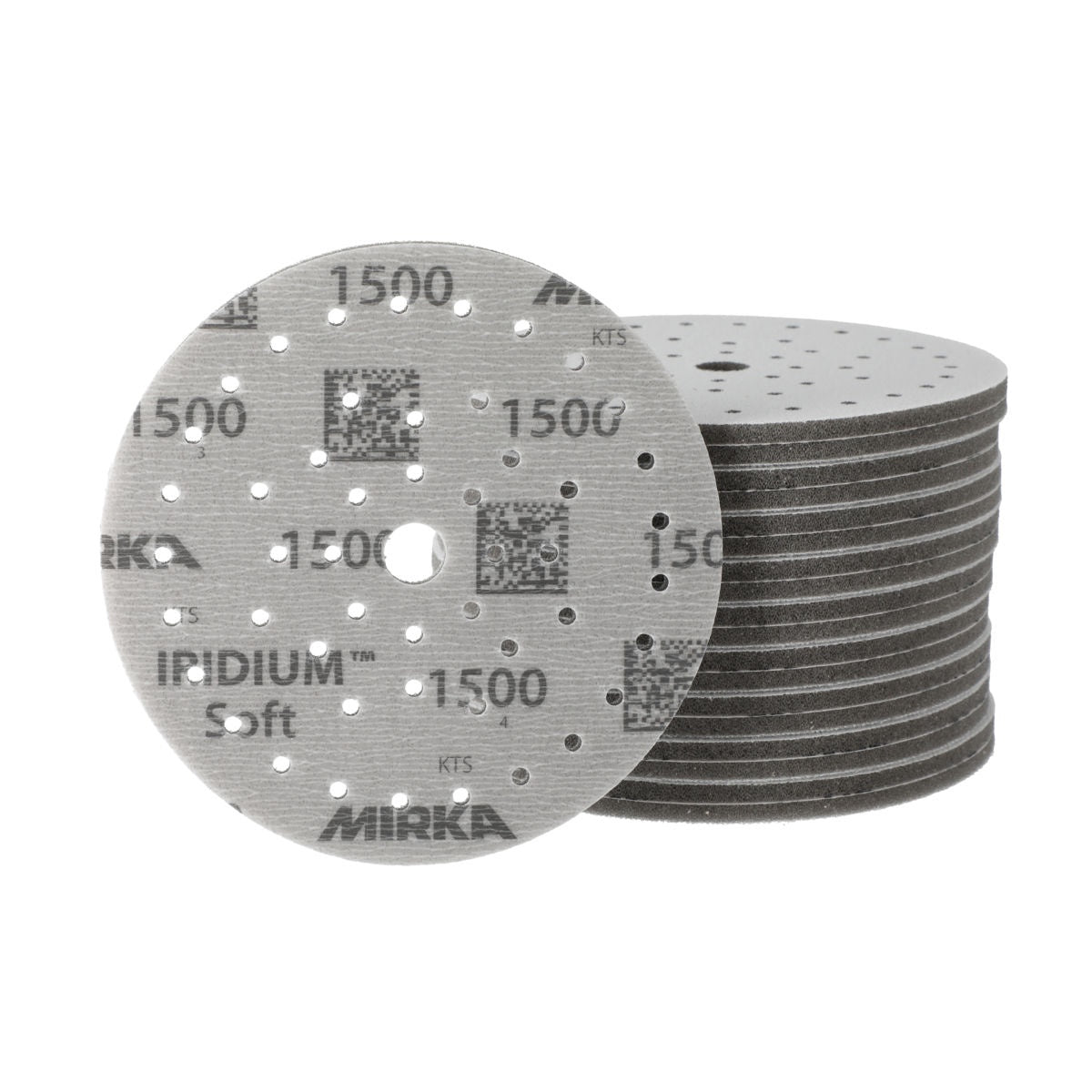 Mirka Iridium Soft sanding discs shown in a stacked pack