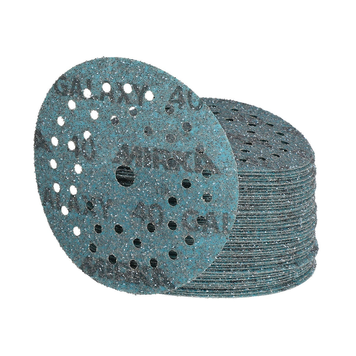 Stack of Mirka Galaxy 5-in. 40 grit hook and loop sanding discs
