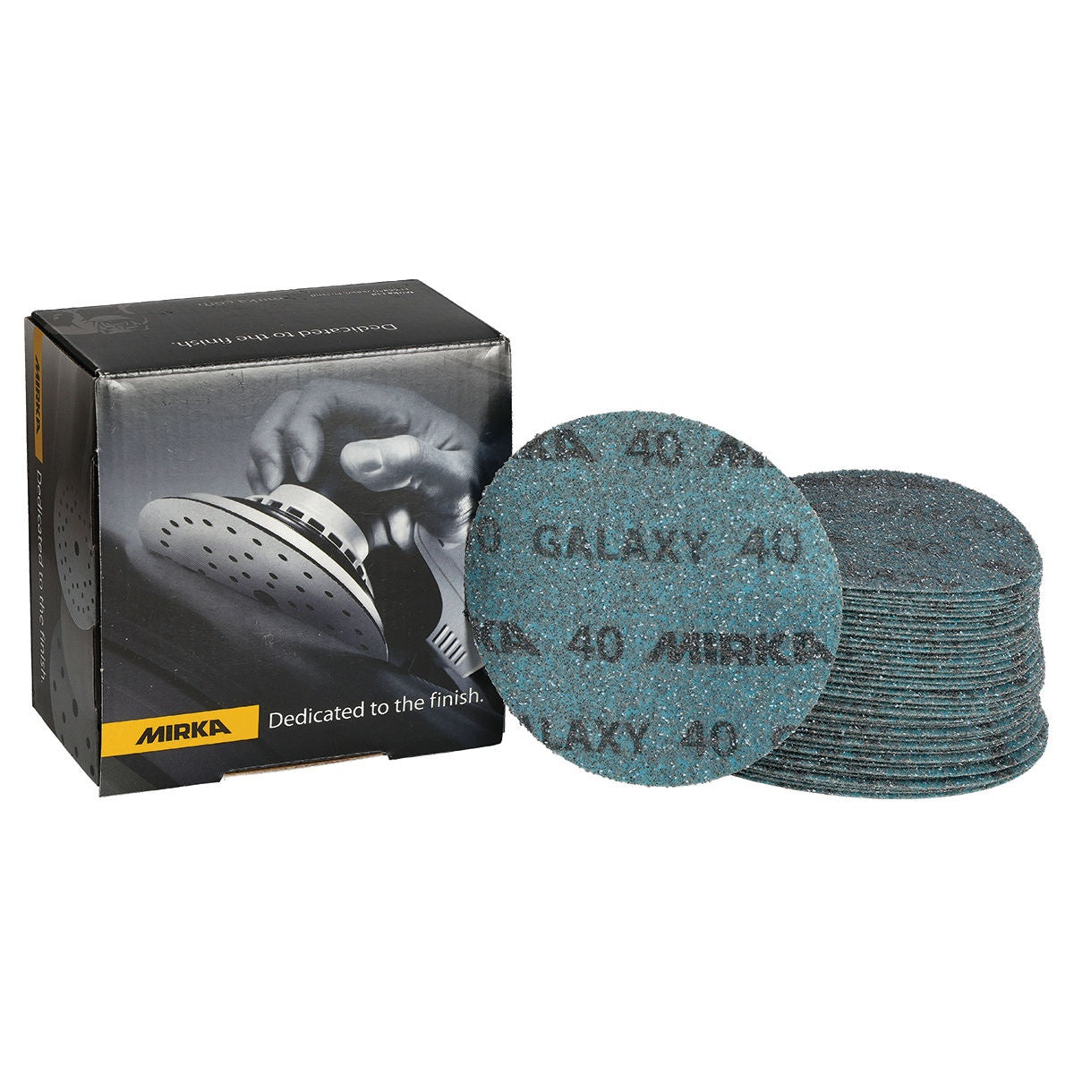 Mirka Galaxy 5-in. 40 grit grip sanding discs with product box
