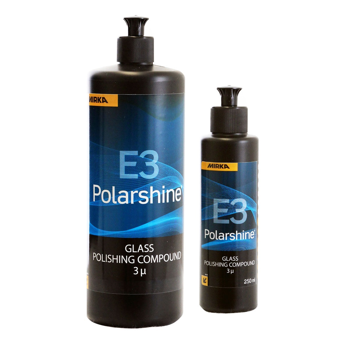 Mirka Polarshine E3 glass polishing compound bottles in 1 liter and 250 ml sizes