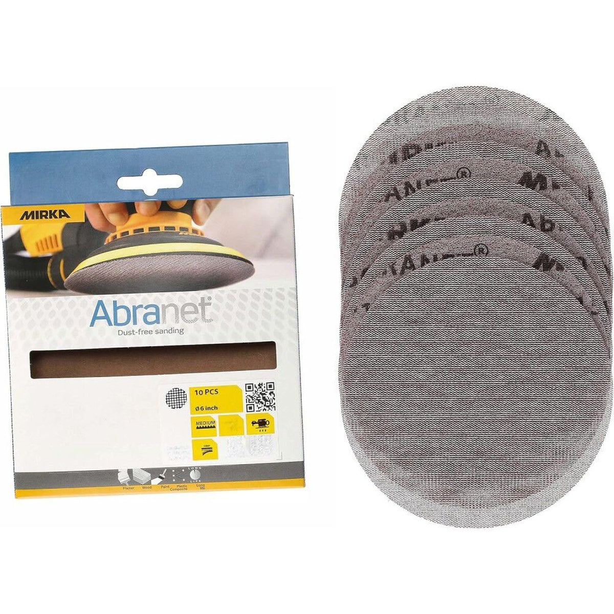 Mirka Abranet 10-pack retail box with stacked mesh sanding discs